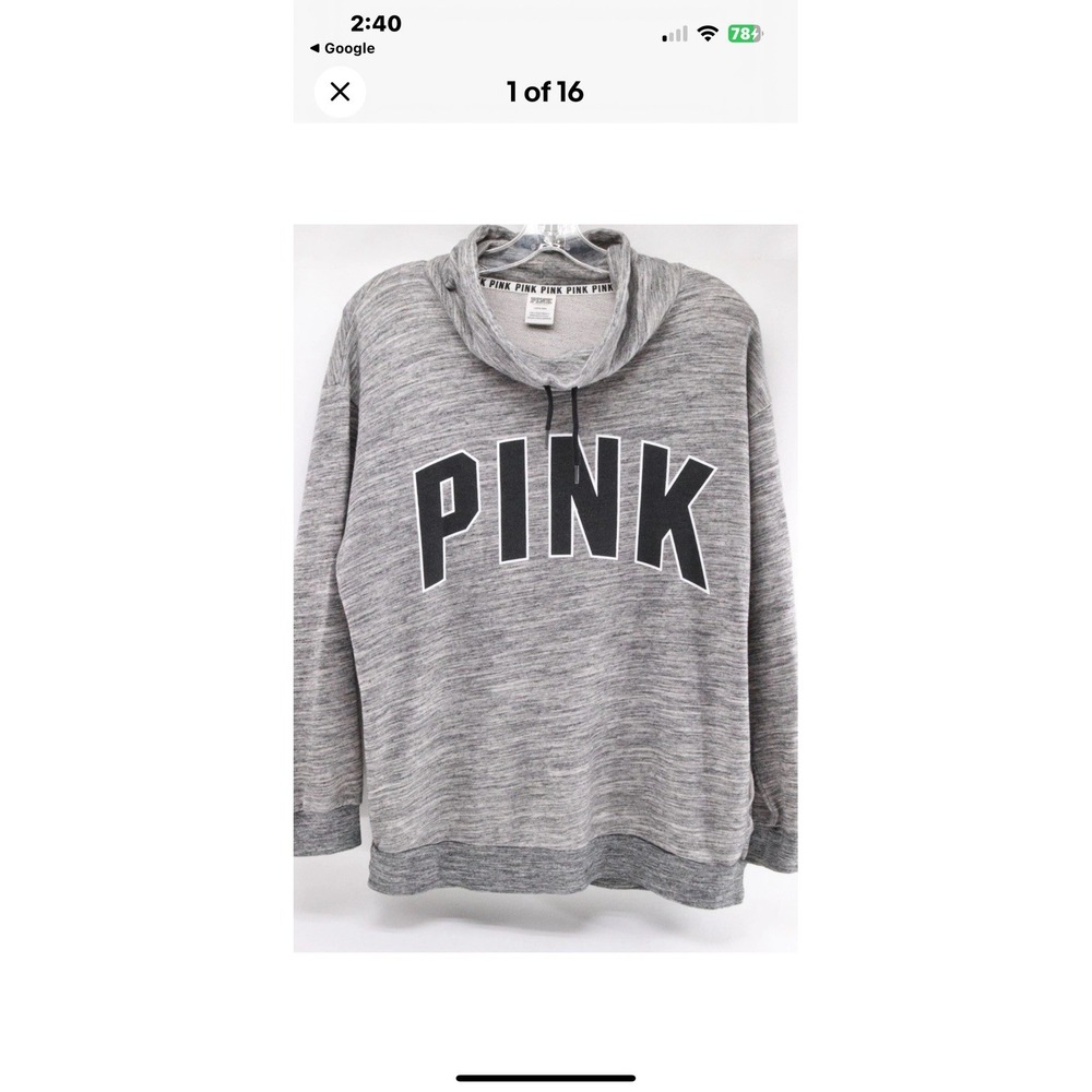 Pink (Victoria Secret) Cowl Neck Gray Sweatshirt Blk Lettering Slit Pocketslarge